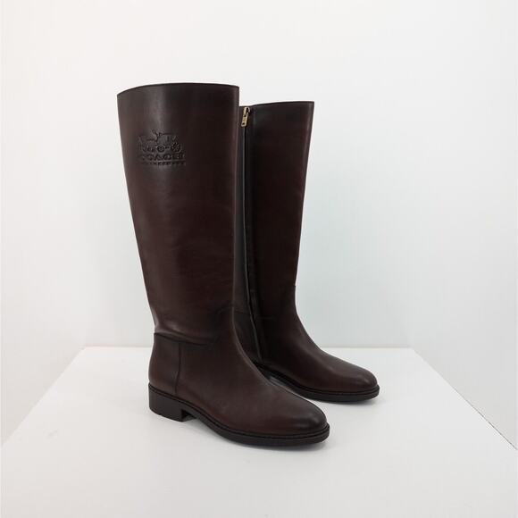 COACH Women 6.5 Rilee Tall Boots Walnut Brown Leather Block G4592 $295 NEW FLAW - Picture 1 of 10